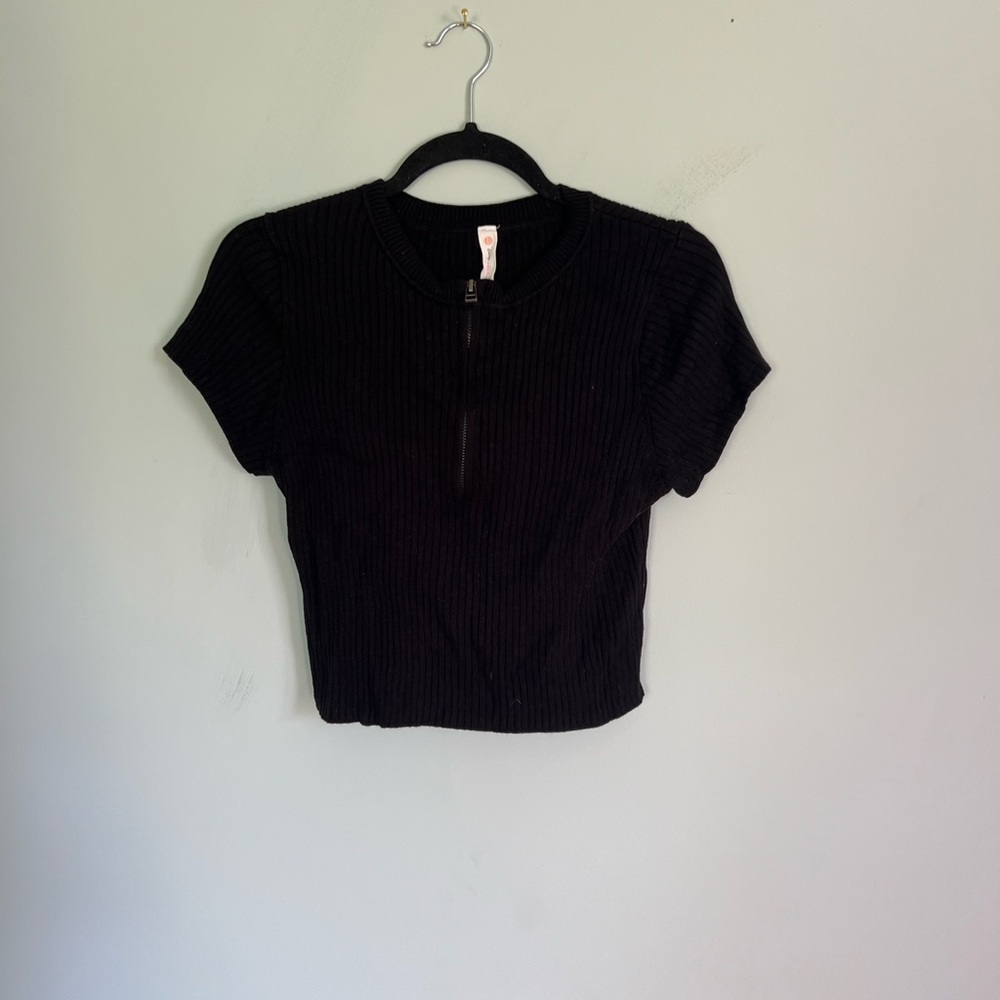 Daily Practice Anthropologie Black Ribbed Short Sleeve Top
